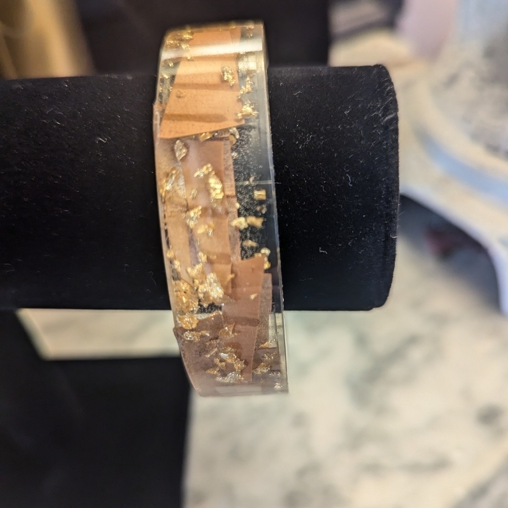 Gold Bangle Flake Wood Shavings Resin Bracelet Contemporary Modernist